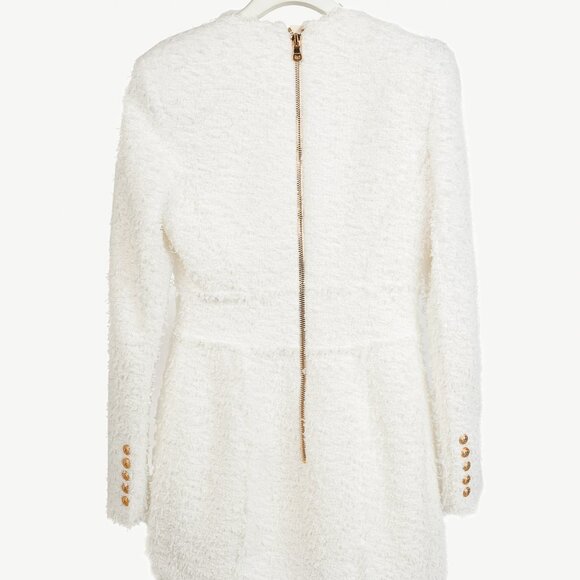 Balmain White Tweed Button-Embellished Long-Sleeve Mini Dress - Picture 3 of 13